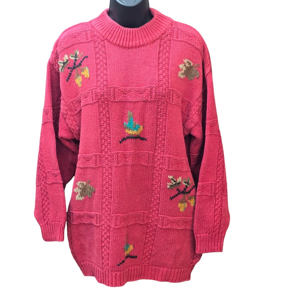 Leslie Fay Sweater Crew Neck Duck Leaves Knit Pink Red Medium M Vintage Style